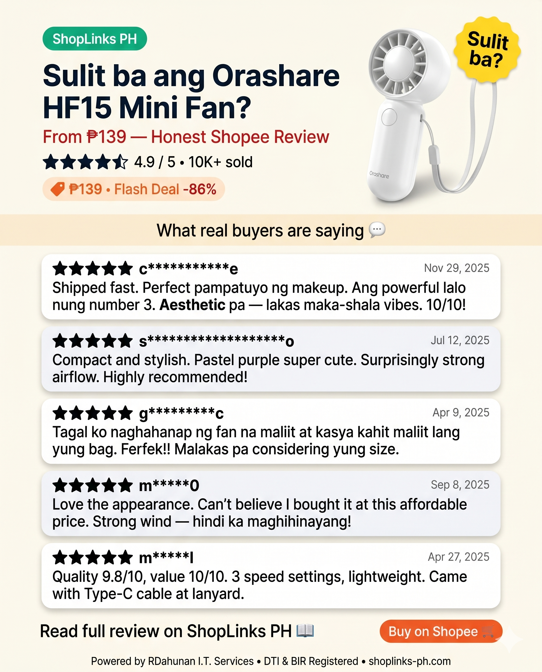 Orashare HF15 Super Mini Fan (Portable, 3-Speed, with Lanyard) — product image