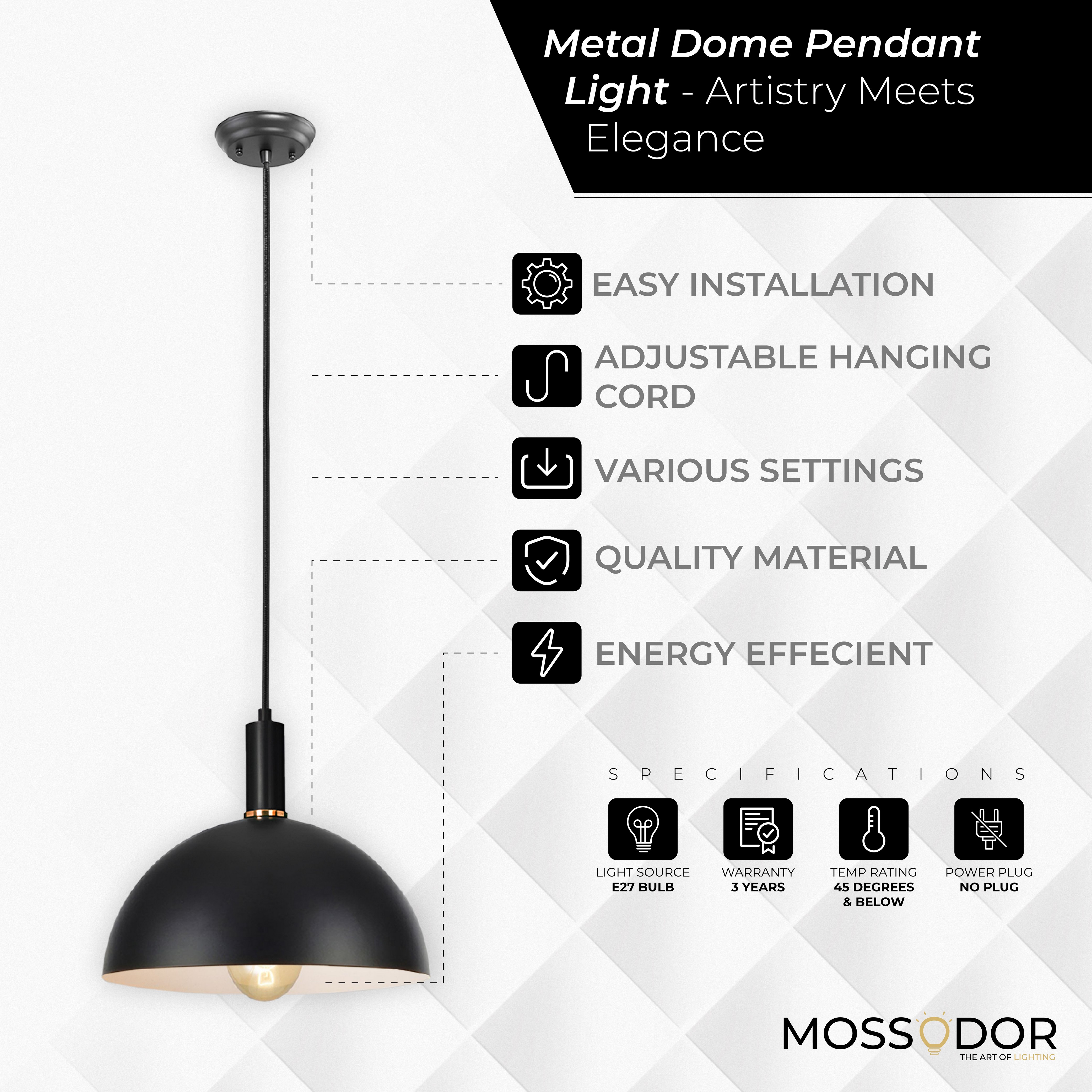 Dome Shaped 35cm Black-Pendant Light