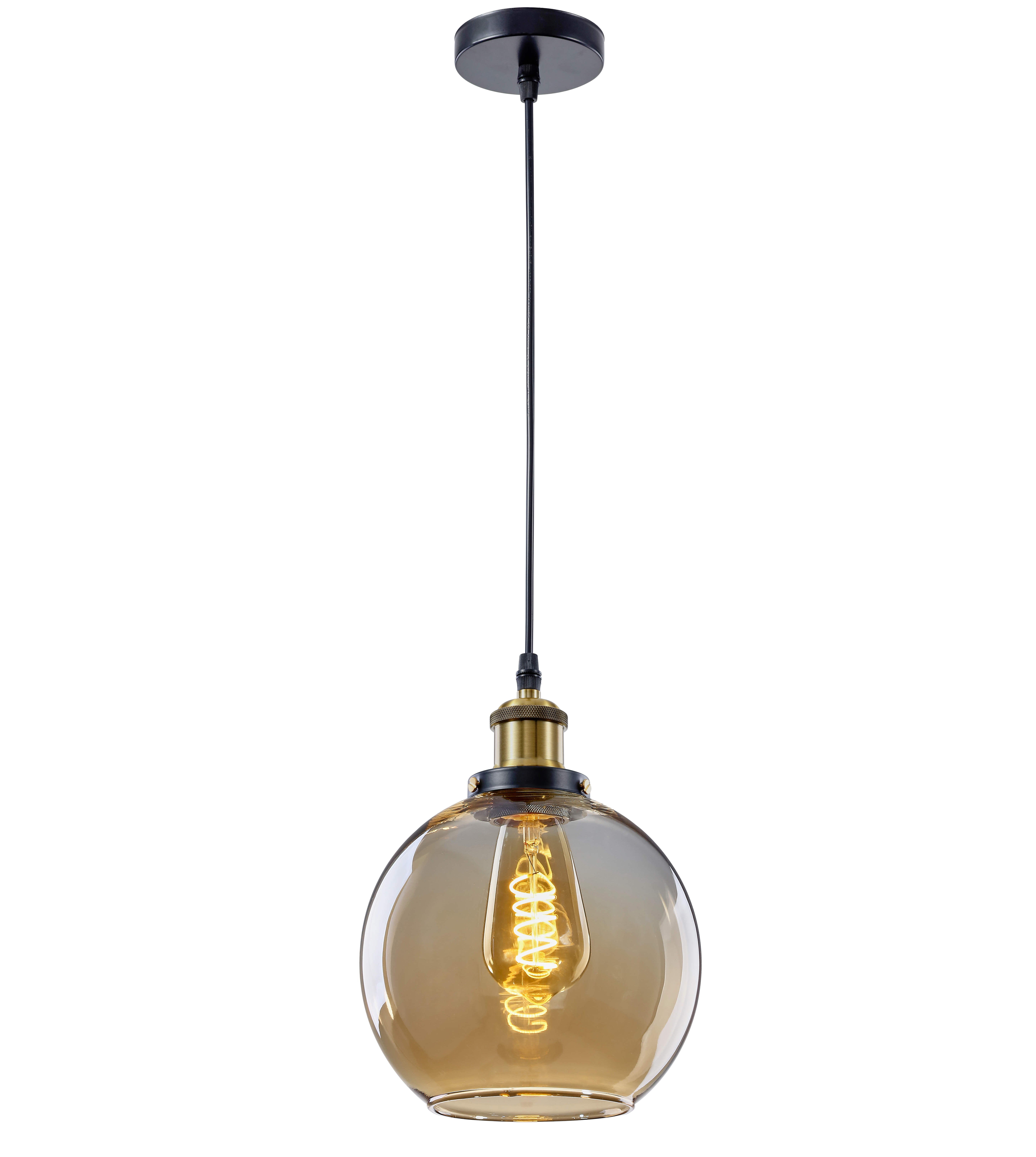 glowing, spiral-filament bulb within a round, amber-tinted glass cover