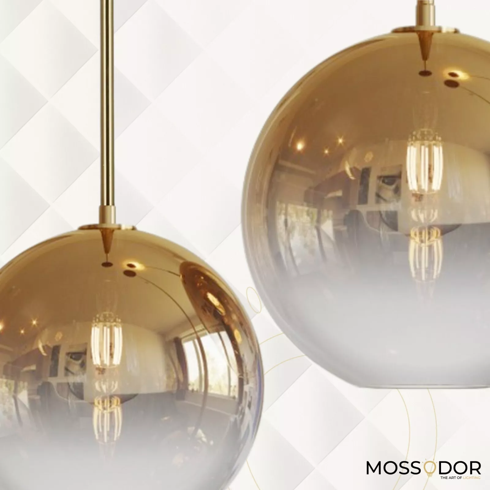 Sleek glass pendant light with a gold-accented top and visible filament bulb