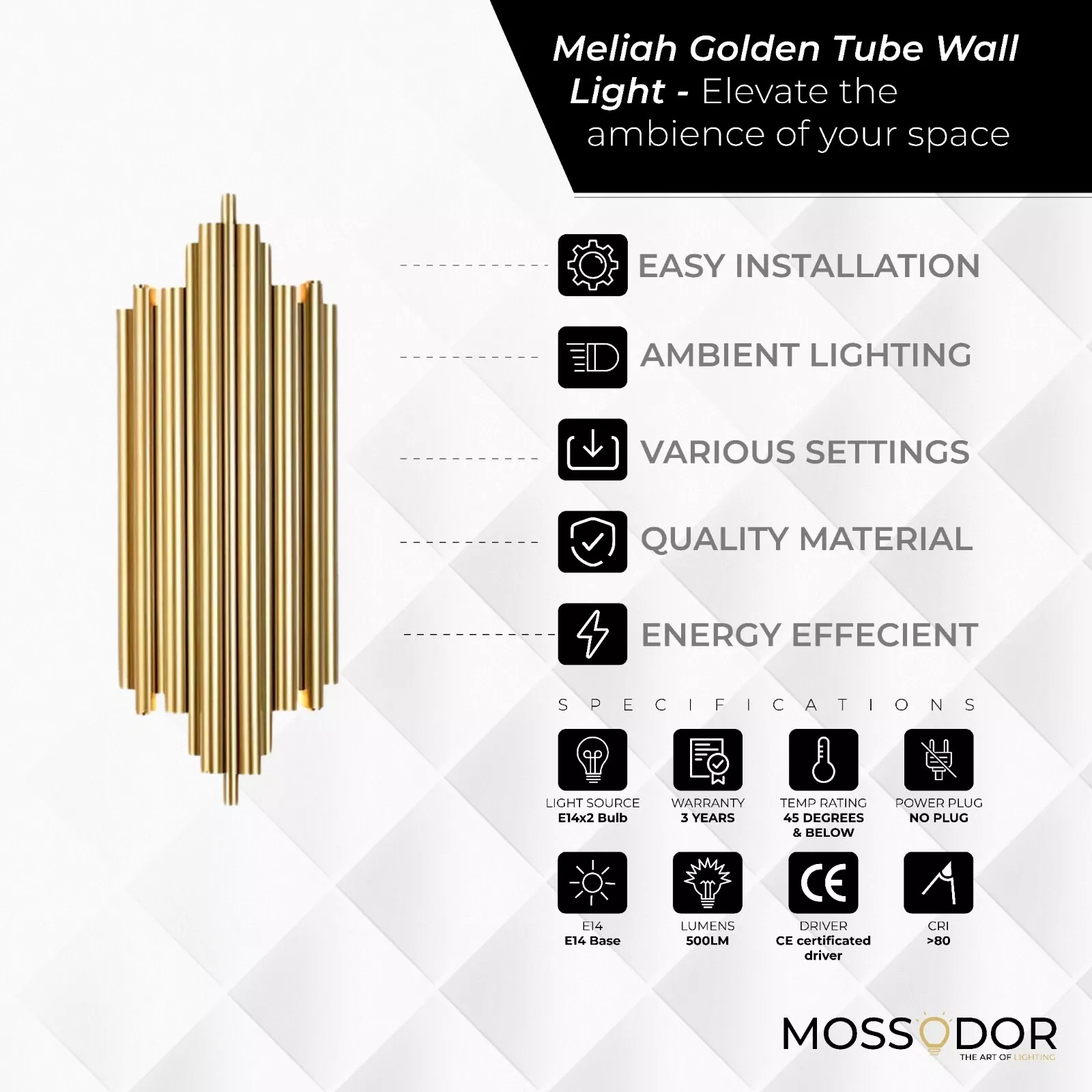 chandelier style Small gold tube-50cm wall light