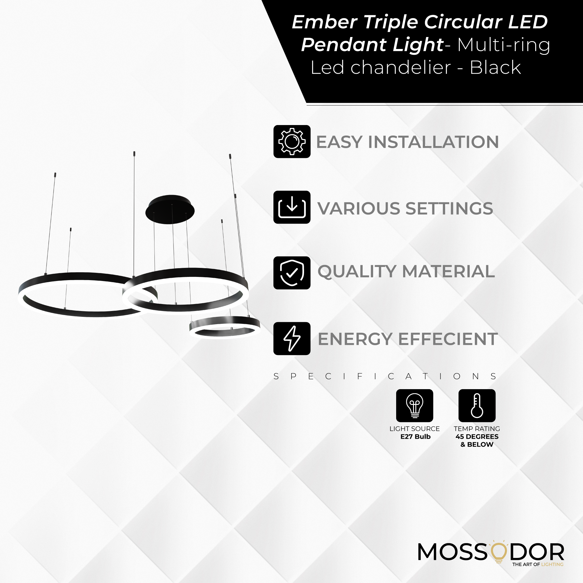 Ember-Extravagant 3 Ring  led Gold Chandelier