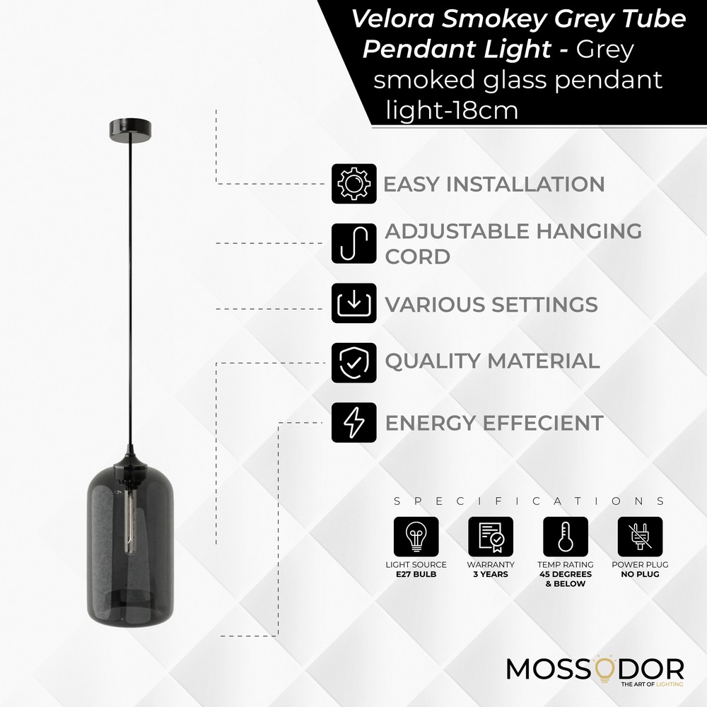 Velora-Grey Smoked Glass 18cm-Pendant Light