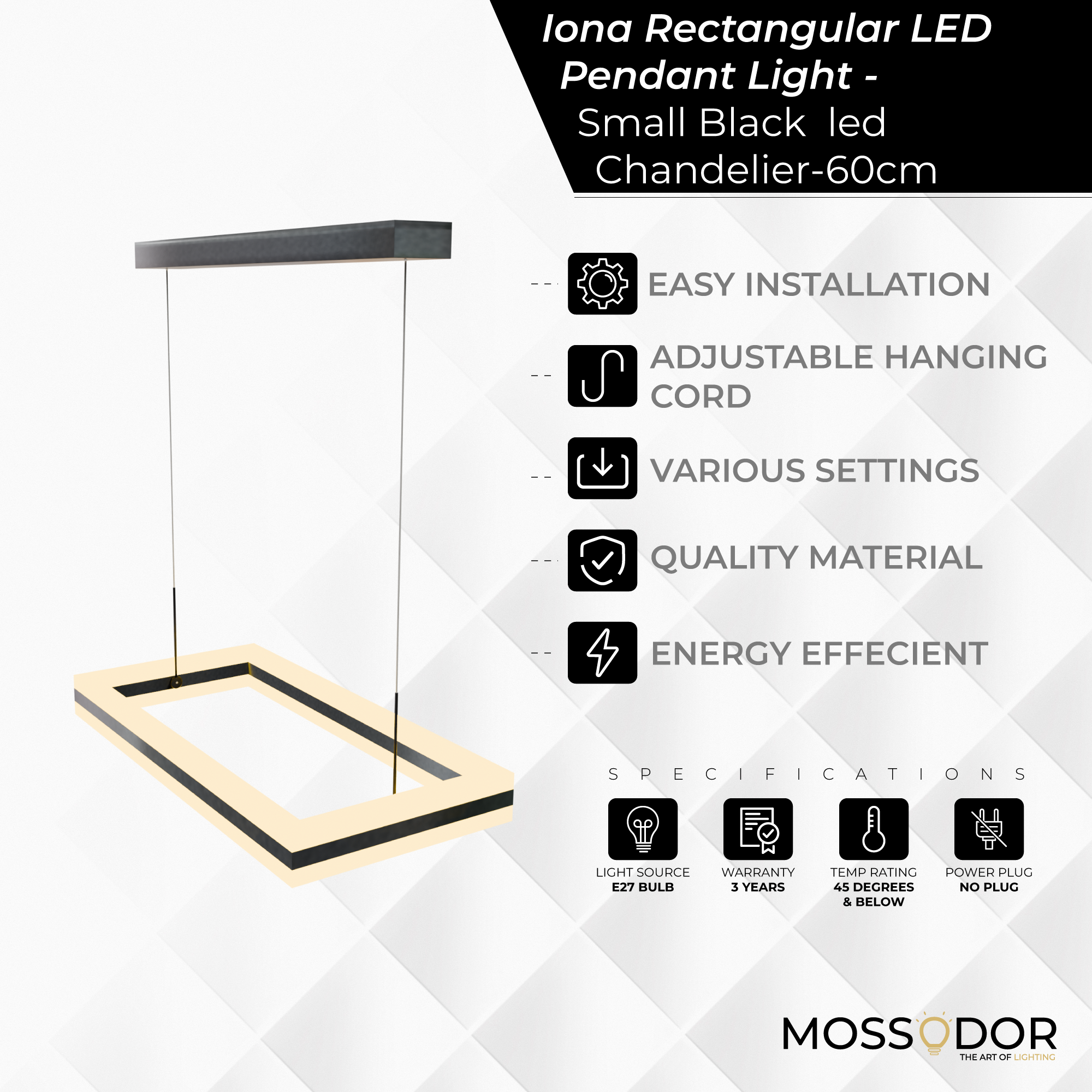 Small 60cm Rectangle Black led-Chandelier