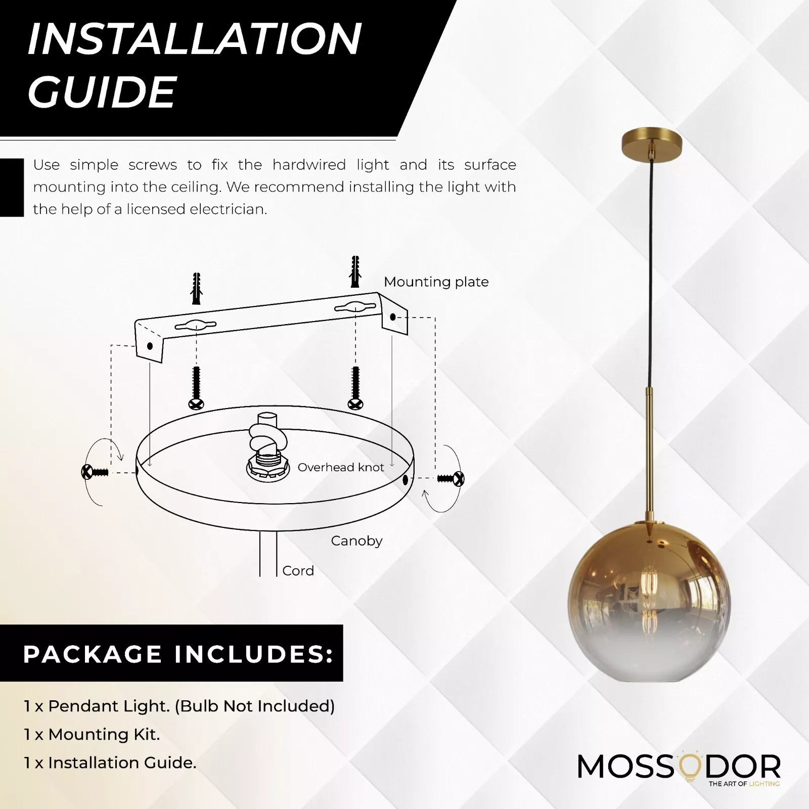 Sleek glass pendant light with a gold-accented top and visible filament bulb