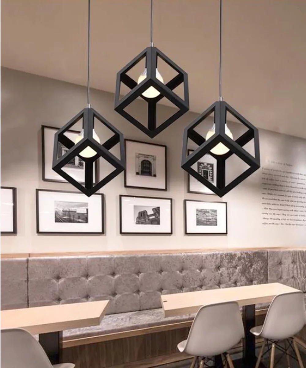 Geometric Iron Cut-out Frame Retro Black Cubic Multi-Pendant Light