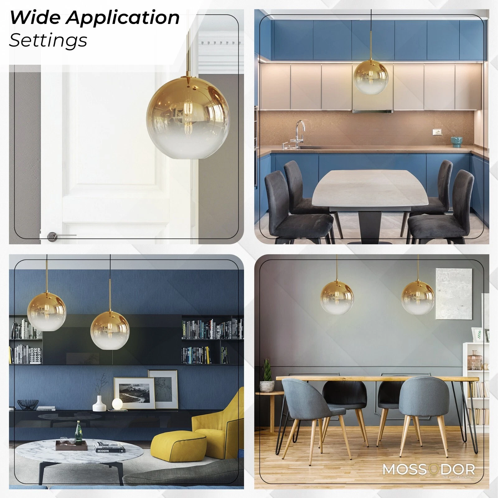 Sleek glass pendant light with a gold-accented top and visible filament bulb