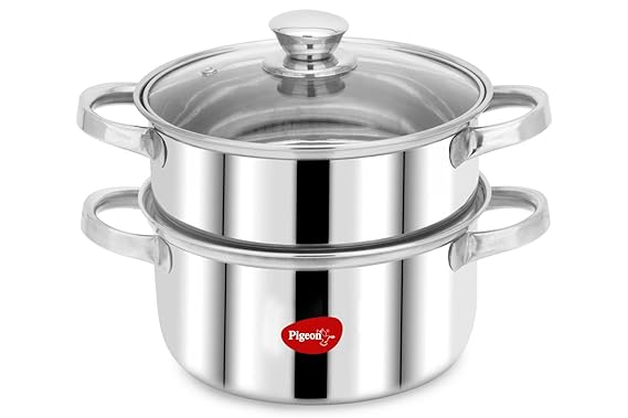 Pigeon By Stovekraft Steel X Steamer Stainless Steel Induction Base, Modak Maker/Momo Maker, Dual Compartment With Glass Lid, 4.6L Capacity, Silver, 4.6 litres
