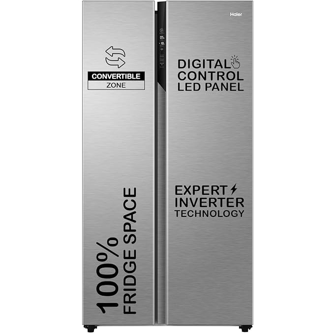 Haier 596L 3Star 2 Door Side by Side Frost Free Refrigerator|100% Convertible|Expert Inverter|Digital Display Panel|Twist Ice Tray|Deo Fresh Technology (HES-690SS, Shiny Silver)