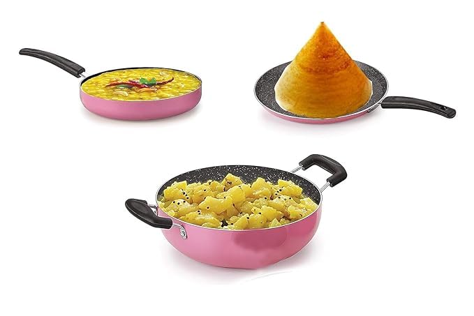 Cookware Set: Non-Stick Flat Tawa 28.5 cm, Frying Pan 24 cm, Kadai 24 cm Combo Offer - Pink (10 in)