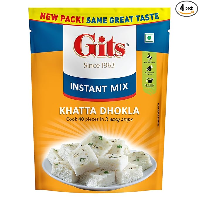 Gits Instant Khatta Dhokla Mix, Makes 40 Per Pack, Pure Veg, Instant Indian Snack Mix, 800g (Pack of 4, 200g Each)