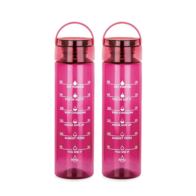 ATTRO Oxy Motivational 1000ml Water Bottle - Time Markers & Inspirational Slogans Mentioned Encourages More Water Intake, Easy-to-Carry Handle- Set of 2 Wine, Plastic