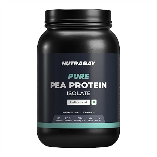 Nutrabay Pure Pea Protein Isolate - 25.3g Protein, 5g BCAA, Designed for Meal Supplementation, Easy to Digest Plant Protein for Muscle Growth & Recovery - 1 Kg Unflavoured, 30 Servings