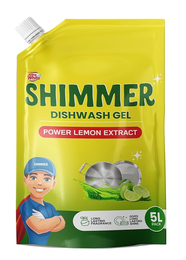 Shimmer Dishwash Gel – 5L Family Pack | Non-Toxic & Eco-Friendly | Tough on Grease, Gentle on Skin | High Foam Formula | Removes Oil & Stains Easily | Fresh Lemon Fragrance