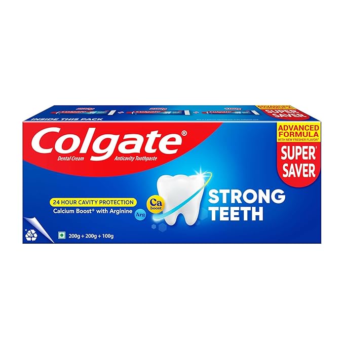 Colgate Strong Teeth, 500g (200g + 200g + 100g), Calcium-boost Tooth Paste for 2X Stronger Teeth, Protects Enamel, Whitens Teeth, Fresh Breath & Prevents Cavities (Combo Multipack)