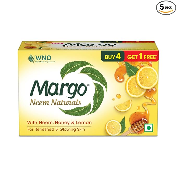 Margo Neem Naturals Soap with Goodness of 1000 Neem Leaves (100gm X Pack of 5) | Enriched With Honey & Lemon | Soap for Refreshed & Glowing Skin [100GM X 5]