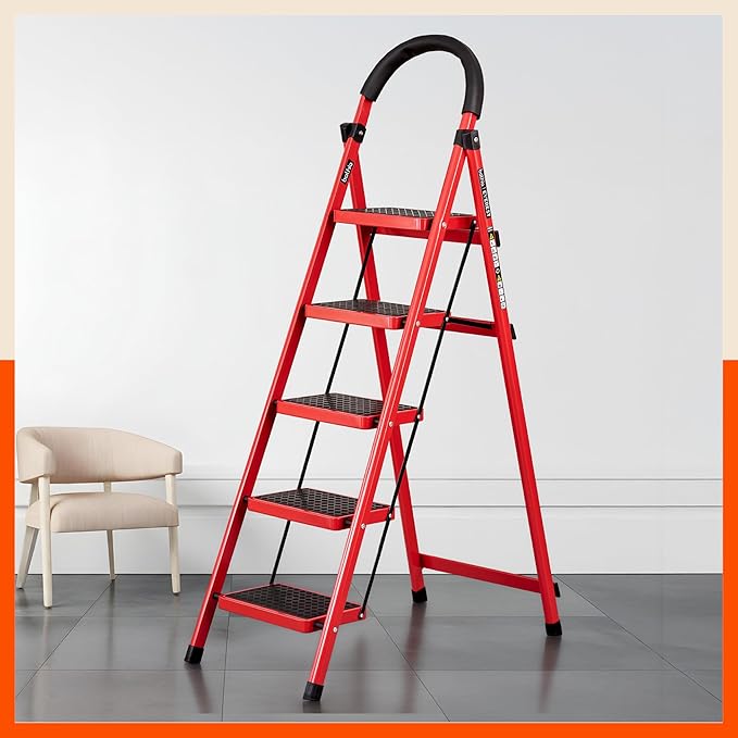 Bathla Everest 5-Step Steel Ladder with Safety Hand Grip | Anti-Skid Wide Steps (30L x 20W cm) | Lightweight, Foldable Ladder for Home & Office | 150Kg Load Capacity | 2 Year Warranty (Red)