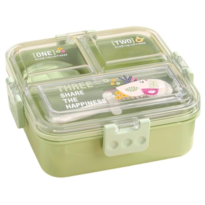 ATTRO Tasty Bite 3 Compartment Lunch Box with Small Container & Spoon BPA Free Food Grade Leak-Proof Microwave Safe Ideal for Kids-1020ml+70ml Green, Plastic