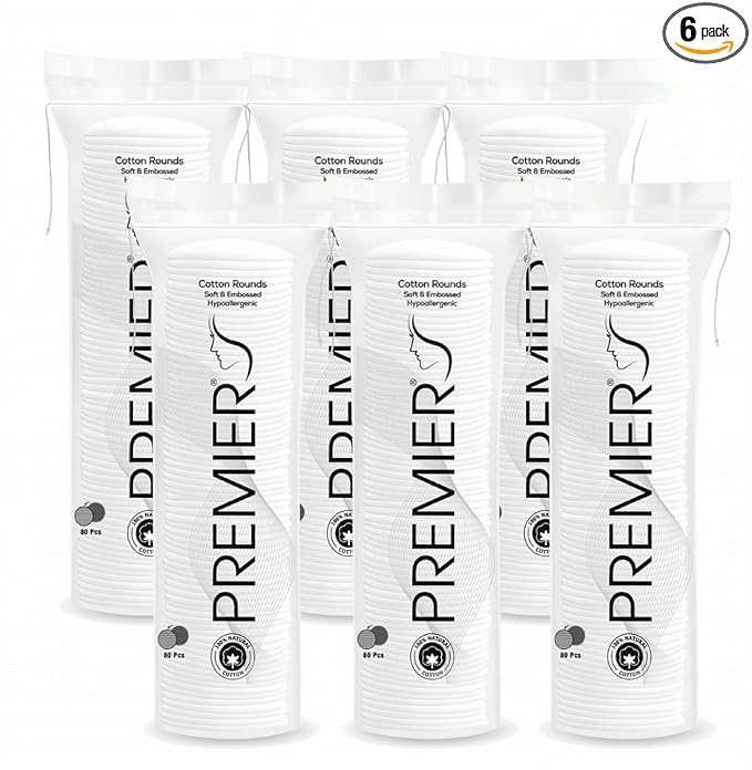 Premier Cotton Pads - Soft & Embossed, Hypoallergenic, Pack of 80 Pcs x6 | Ideal for Makeup Removal, Toner Application, Baby Care, Nail Care & Hygiene | High-Quality Cotton Rounds for Daily Use