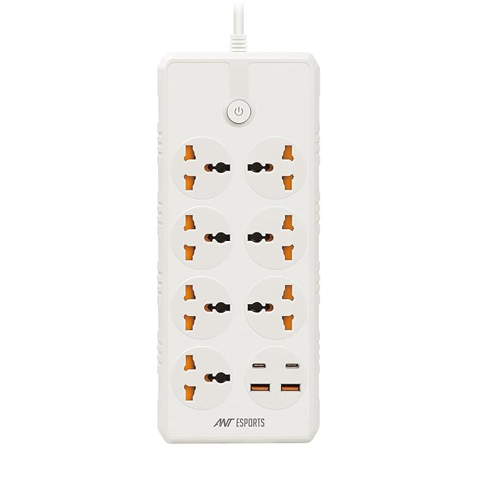 Ant Esports PS722 Power Strips with 7 Universal Socket and 2USB-A & 2Type-C, 3-Meter Cord, 2500-Watt,Fireproof Material, Heavy Duty Cable Overload Protection,Extension for Home/Office Appliances–White