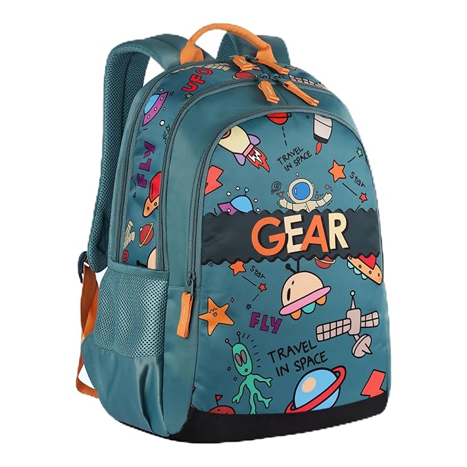 Gear Cartoon Space 17"/23L Medium Water Resistant School Bag/Casual 4 Compartment Backpack/Daypack/Travel Backpack/Kids Bag for Boys/Girls - Green
