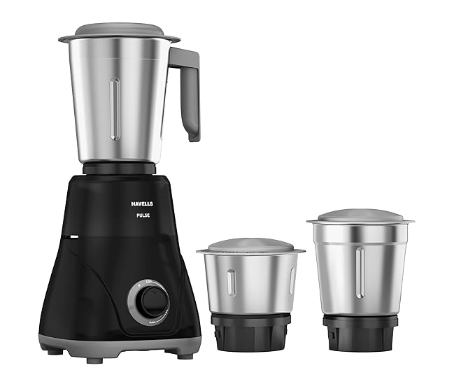 Havells Pulse 500 Watt Mixer Grinder|3 Stainless Steel Leak-Resistant Jars (400ml, 800ml, 1.2L)|3 Speed Control|Heavy-Duty ABS Body|Durable SS Blades|Air Vent Technology |1 Year Product Warranty|Black