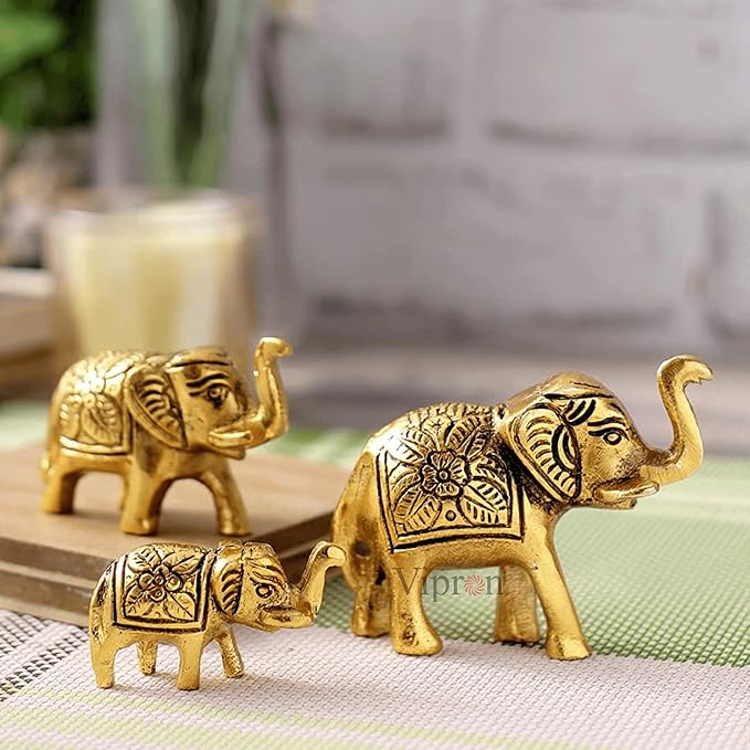 Set of 3 Metal Trunk Up Elephant Statues - Brass Finish Feng Shui & Vastu Lucky Figurines for Home Office Decor – Symbol of Good Luck, Prosperity, and Positive Energy