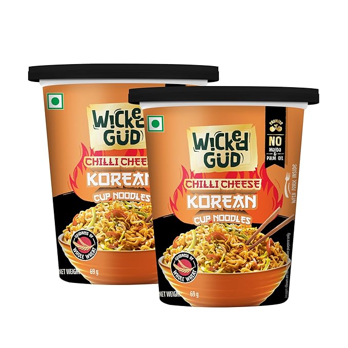 WickedGud Chilli Cheese Korean Instant Cup Noodles | Whole Wheat | No Maida | No Palm Oil | 74 g Each (Pack of 2, Total 148 g)