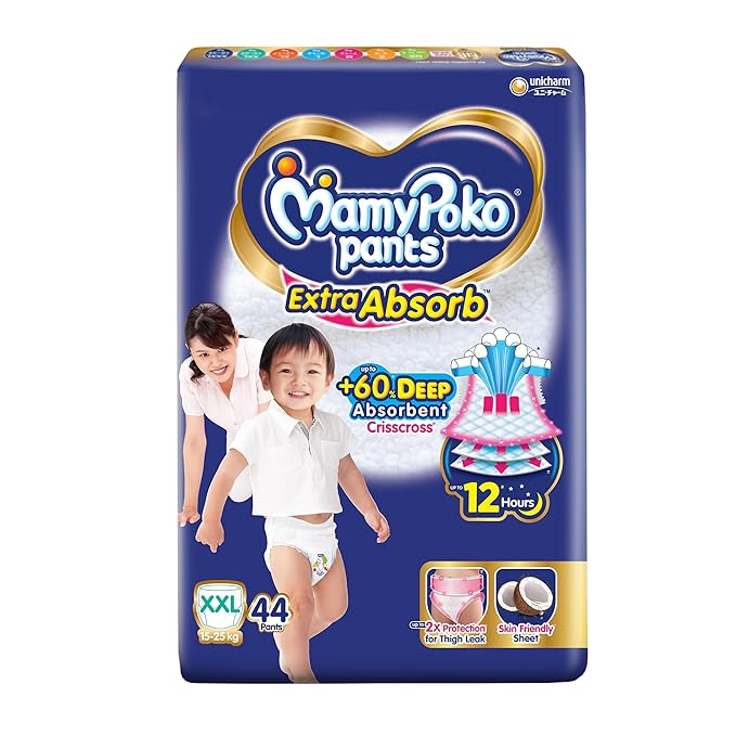 MamyPoko Pants Extra Absorb Baby Diapers, Extra Extra Large (XXL size) | 15-25 kg | 44 Count |Deep Sleep Diapers| Soft gentle fit |Deep Absorbent Crisscross | skin friendly with coconut oil |