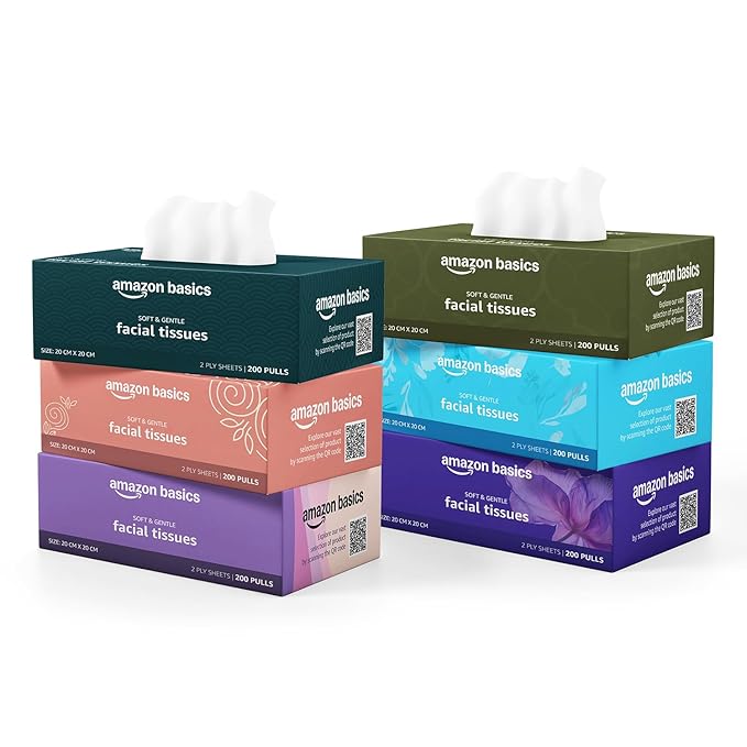 Amazon Basics 2 Ply Facial Tissue Box | 1200 Pulls | 200 Pulls X Pack of 6 | Office | Soft & Highly Absorbent Tissues