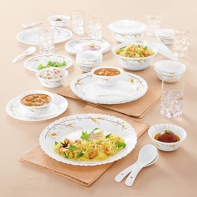 Larah By Borosil Bella Silk Series Opalware Dinner Set with Glasses, 40 Pieces for Family of 6, Microwave & Dishwasher Safe, Bone-Ash Free, Crockery Set for Dining & Gifting, Plates & Bowls, White