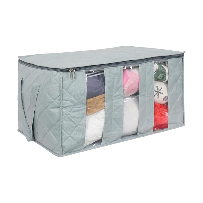 PrettyKrafts Set of 1 Non Woven Underbed Storage Bag with Handles, Clear Window, Zipper & Dividers | Quilt, Comforter & Blanket Cover Organiser | Foldable Cloth Storage Bag (60x37x32cm, Grey)