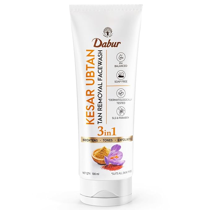 DABUR Kesar Ubtan Face Wash-100ml | Enriched with Natural Turmeric, Niacinamide & Saffron to Brighten, Tone and gently Exfoliate Skin | For Removing Tan, Dark Spots, Dirt & Impurities