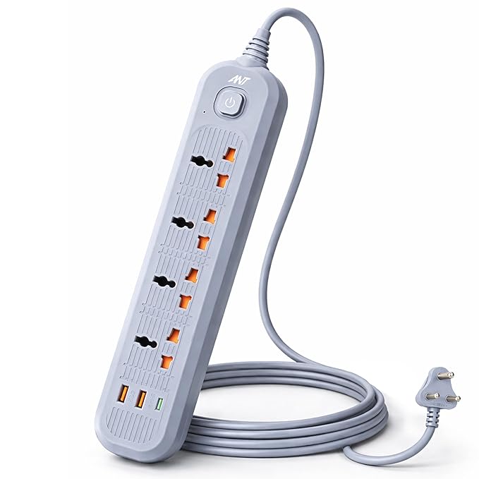 Ant PS421 Power Strip,10ft Universal Extension Cord 4 AC Outlets 2USB 1 Type C PD Ports, Flat Plug, Max 2500W, 220-250 Volts, Multiple Outlet Extender for Home Office Store_ Grey