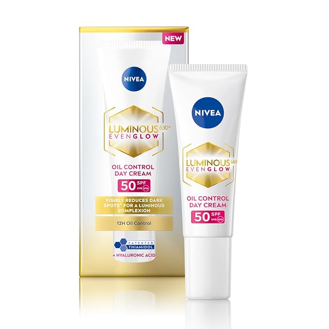 NIVEA Luminous Even Glow Oil Control Day Cream & Moisturizer SPF 50 | Patented Thiamidol (60X More Effective Than Vitamin C) | Dark Spots & Pigmentation | Oil Control, Brightening & Even Tone with Hyaluronic Acid
