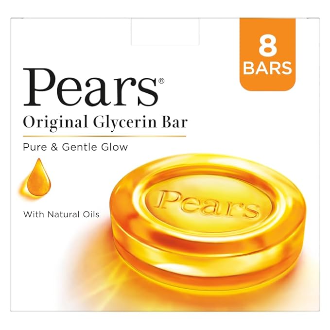 Pears Original Glycerin Soap Bar - Pure & Gentle Glow | With 98% Pure Glycerin | For Hydration & Glow | With Plant Based Cleanser for Skin & Body | Paraben-free | 125gms x 8