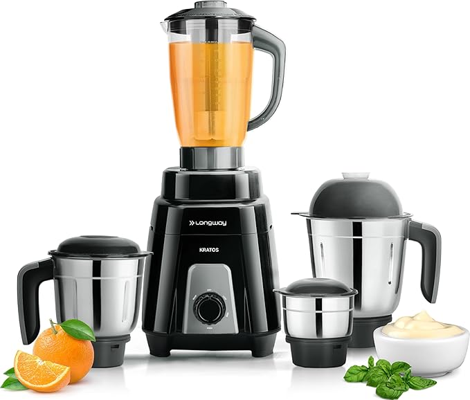 Longway Kratos 1000 Watt Juicer Mixer Grinder with 4 Jars for Grinding, Mixing, Juicing with Powerful Motor (Black, 4 Jars)