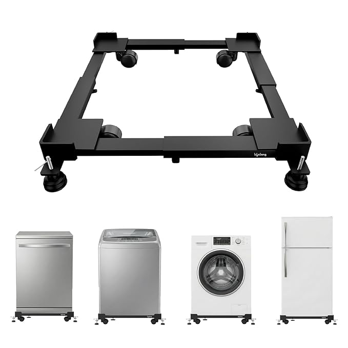 Lifelong Universal & Adjustable Metal Washing Machine Stand (5 KG to 12 KG) | Trolley with Wheels | Single/Double Door Fridge Stand, Air Cooler Stand | 180 KG Capacity, 4 Anti Vibration Pads | Black