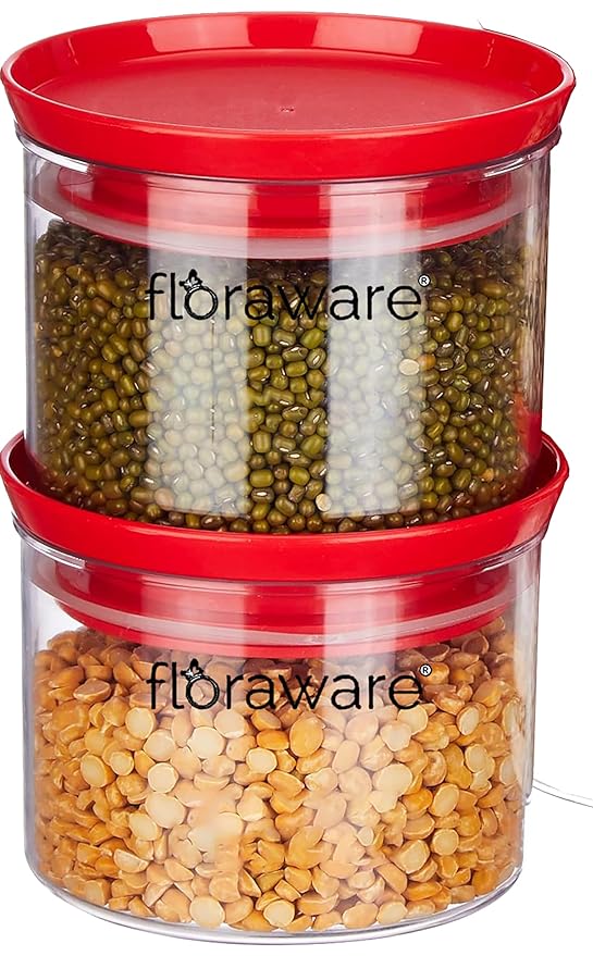 Floraware Plastic Air Tight BPA Free Stackable Round Push Multipurpose Containers For Kitchen Organizer 500ml for Rice Dal Flour Snacks Cereals Pack of 2 (Red)