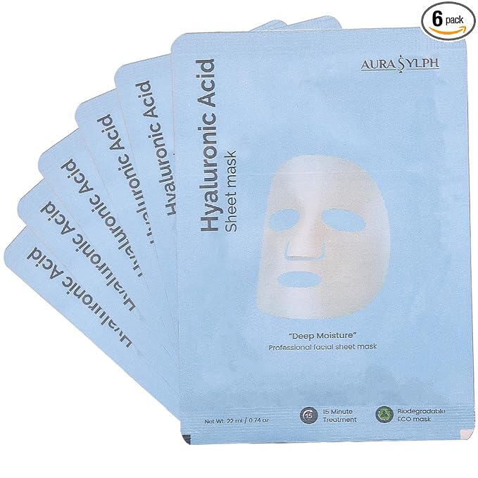 Hyaluronic Acid Face Sheet Mask – Deep Hydrating & Moisturizing Facial Mask | Plumps & Smooths Skin, Reduces Fine Lines & Wrinkles | Skincare Sheet Mask | Pack of 6