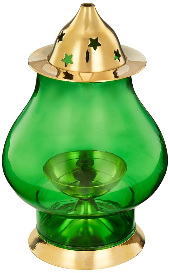 Amazon Brand - Solimo Brass Akhand Jyot with Green Borosilicate Glass Festival Essential