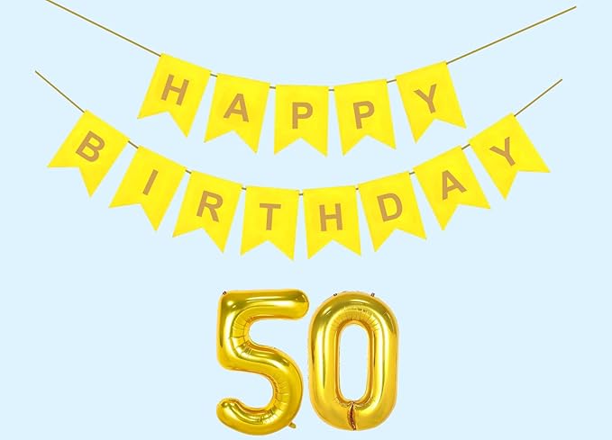 50th Happy Birthday Decoration Kit Yellow for 50 year Old Boys Girls Women with Number Fifty Party Decorations Decor Celebration Items Item Set Combo Reusable Paper Banner