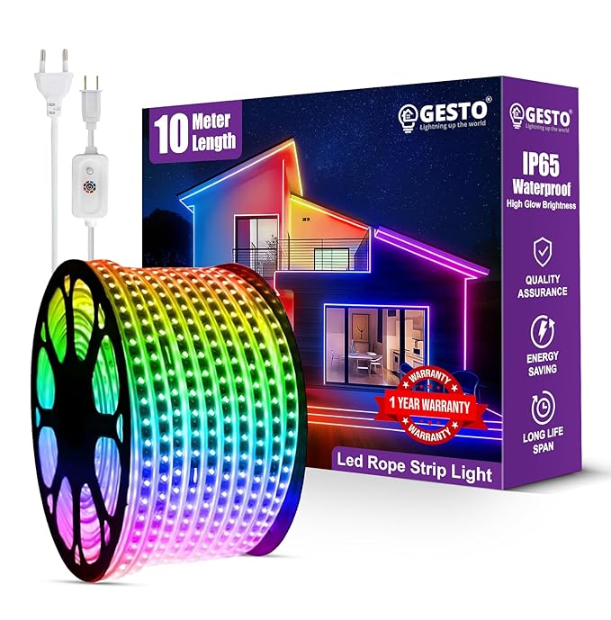 Gesto 10 Meter Rope Led Strip Lights – High Brightness Outdoor Lights Waterproof for Balcony,Home Decor,False Ceiling | RGB Strip Light for Diwali Decoration with Mode Change Controller (Multicolor)
