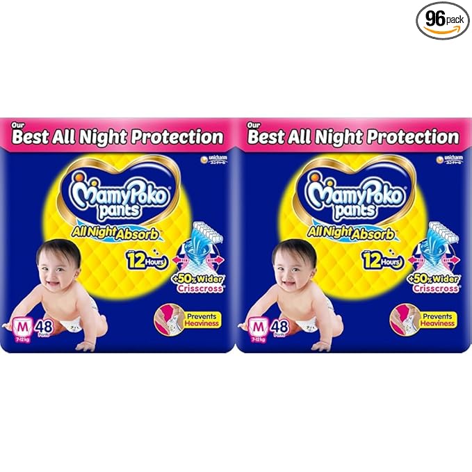 Mamypoko pants All Night Absorb| Pant Style Baby Diapers Medium Size(M), total 96 Count, Ideal for 7-12Kgs|+50% wider and repeated absorption for all night 12hr protection from leakage, prevents heaviness (Pack of 2)