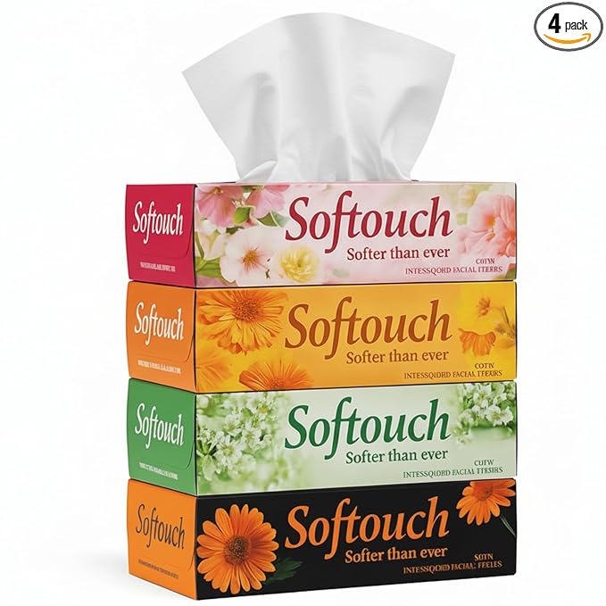 Softouch 2 Ply Facial Tissue Box | 400 Pulls | 100 Pulls X 4 Cartons | Soft And Highly Absorbent | 100% Natural Virgin Cellulose Fiber
