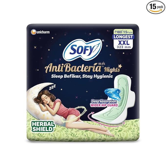 Sofy Women Anti Bacteria Longest XXL Sanitary Pads |Night Protection|Wider Hip Guard| Deep Absorption | Herbal Shield | Hygiene & Herbs | XX-Large, Pack Of 15