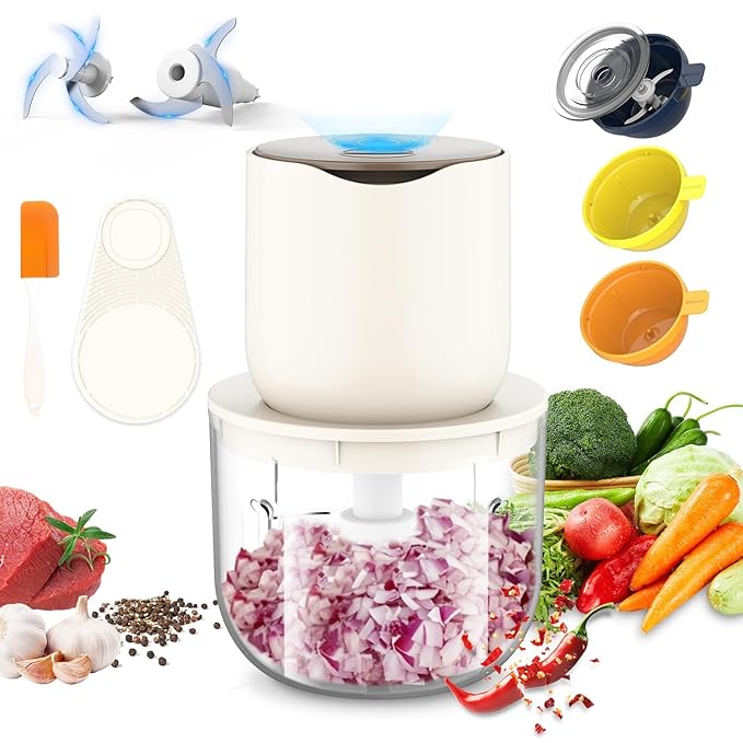 600+240+240+240ml Large Capacity Vegetable Chopper Electric for Kitchen, 2 Stainless Steel Blades, One Touch Operation, for Mincing Garlic and More, 100 Watt (4 Food-Grade Containers)
