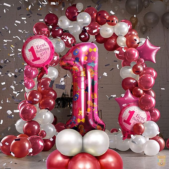 Just Party 35 Pcs 1st First Birthday Decoration for Baby Girl-1 Number Pink,2 Round First Birthday Polka Printed Foil Ballons,2 Pink Star Foil Balloons,15White & 15 Rosegold metallic Balloon