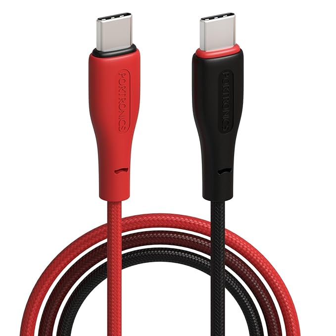 Portronics Hue X 60W Dual Tone Colour Type C Fast Charging Cable for Smartphones, Tablets,iPads, Laptops & Other Type C Devices, 480Mbps Data Sync, Premium Braided Cable(Black & Red)
