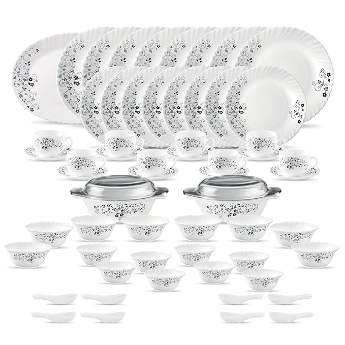 La Opala Diva Classique Collection Opal Glass Crockery | for Family of 8 | Dinner Set 61 pcs Mystrio Black | Plates & Bowls for Dining | Microwave Safe | 100% Vegetarian | Extra Strong | White